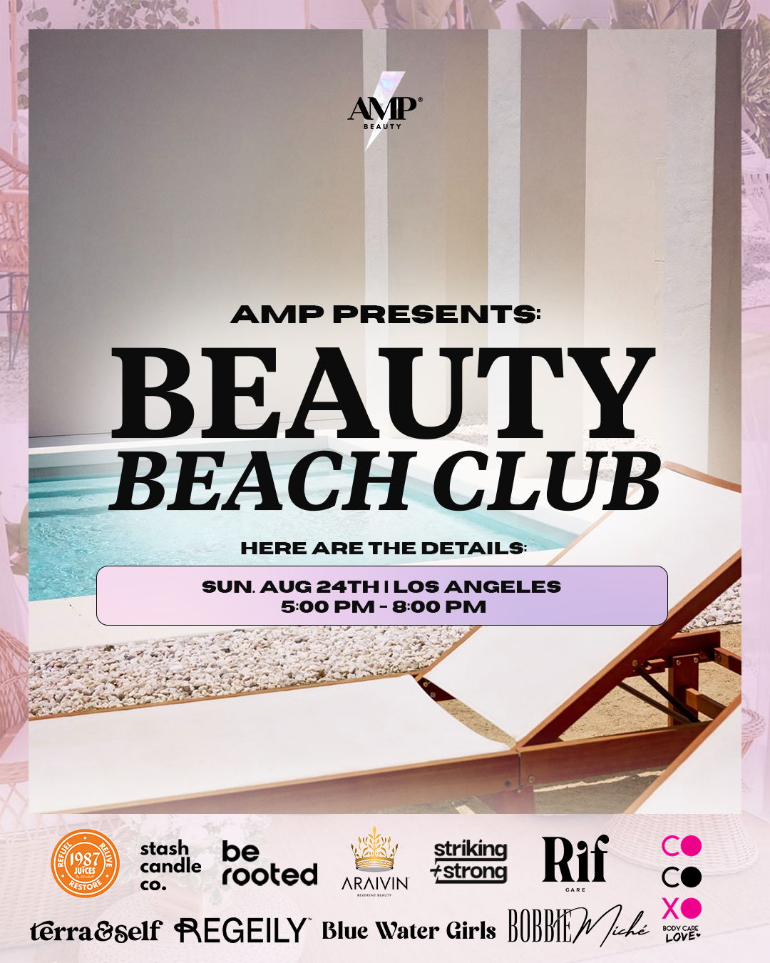 Promotional flyer for 'Beauty Beach Club' event with AMP branding and beach scene.