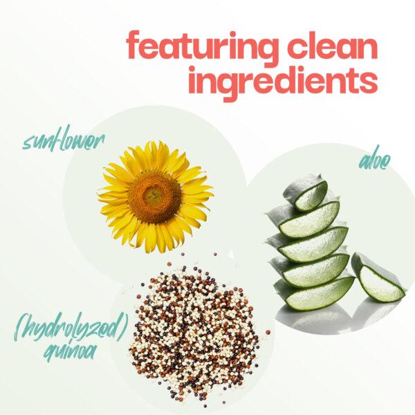 conditioner featuring clean ingredients including sunflower, aloe, and quinoa