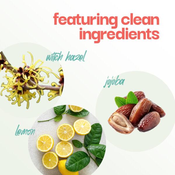 low sud clarifying shampoo featuring clean ingredients including jojoba, lemon, and witch hazel